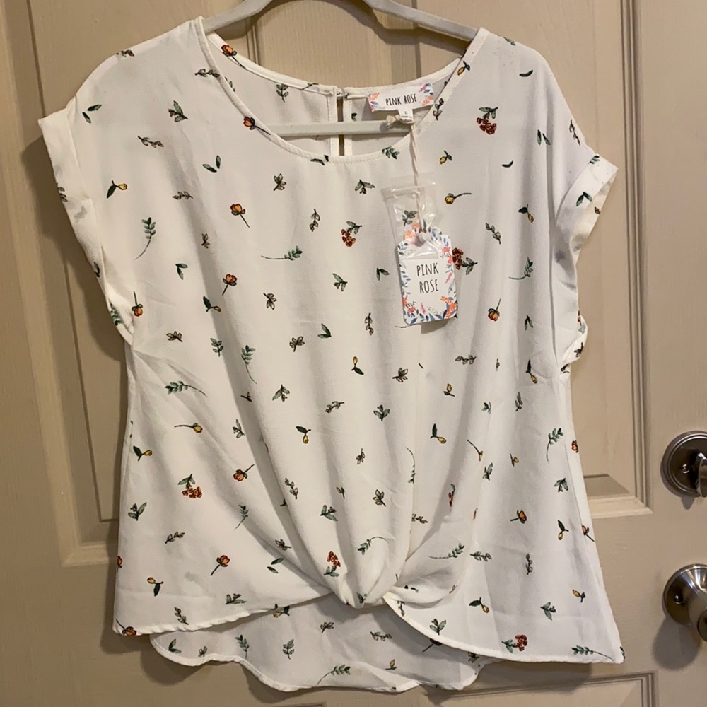 Pink Rose floral tulip ivory twist front blouse